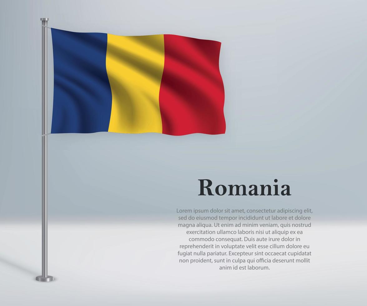 ondeando la bandera de rumania en el asta de la bandera. plantilla para la independencia da vector