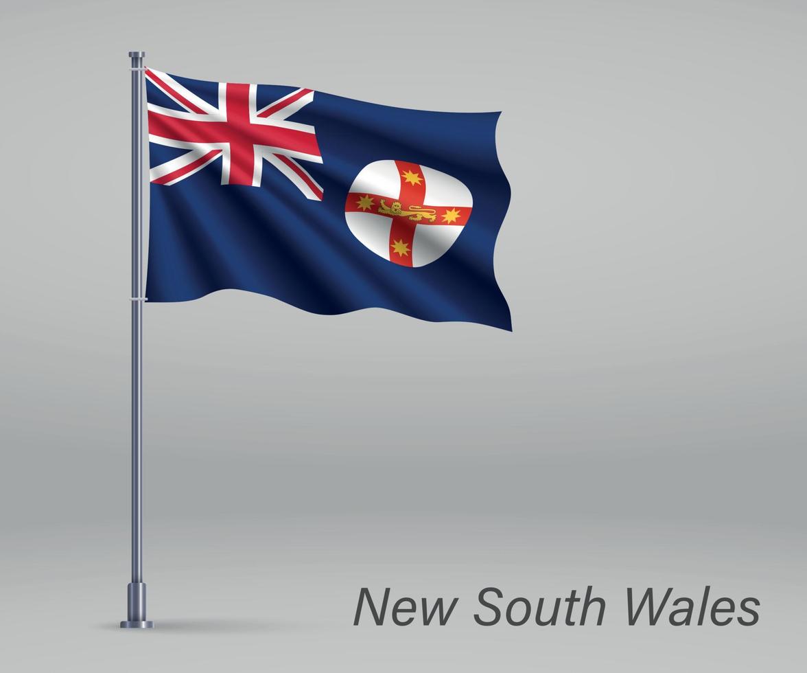 Waving flag of New South Wales - state of Australia on flagpole. vector