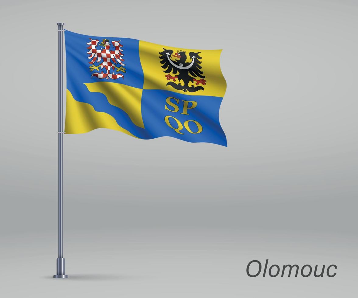 Waving flag of Olomouc - region of Czech Republic on flagpole. vector
