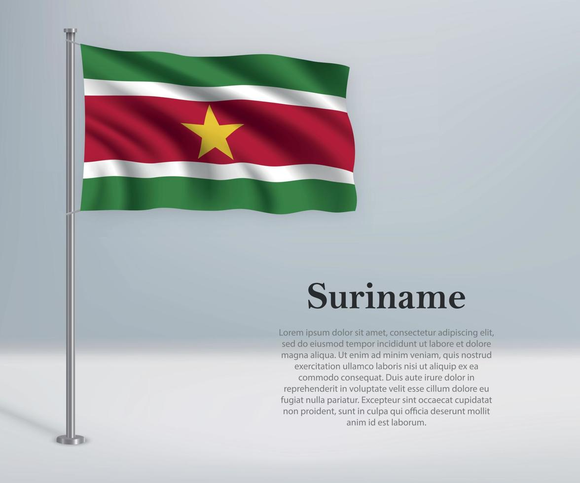 ondeando la bandera de surinam en el asta de la bandera. plantilla para la independencia d vector