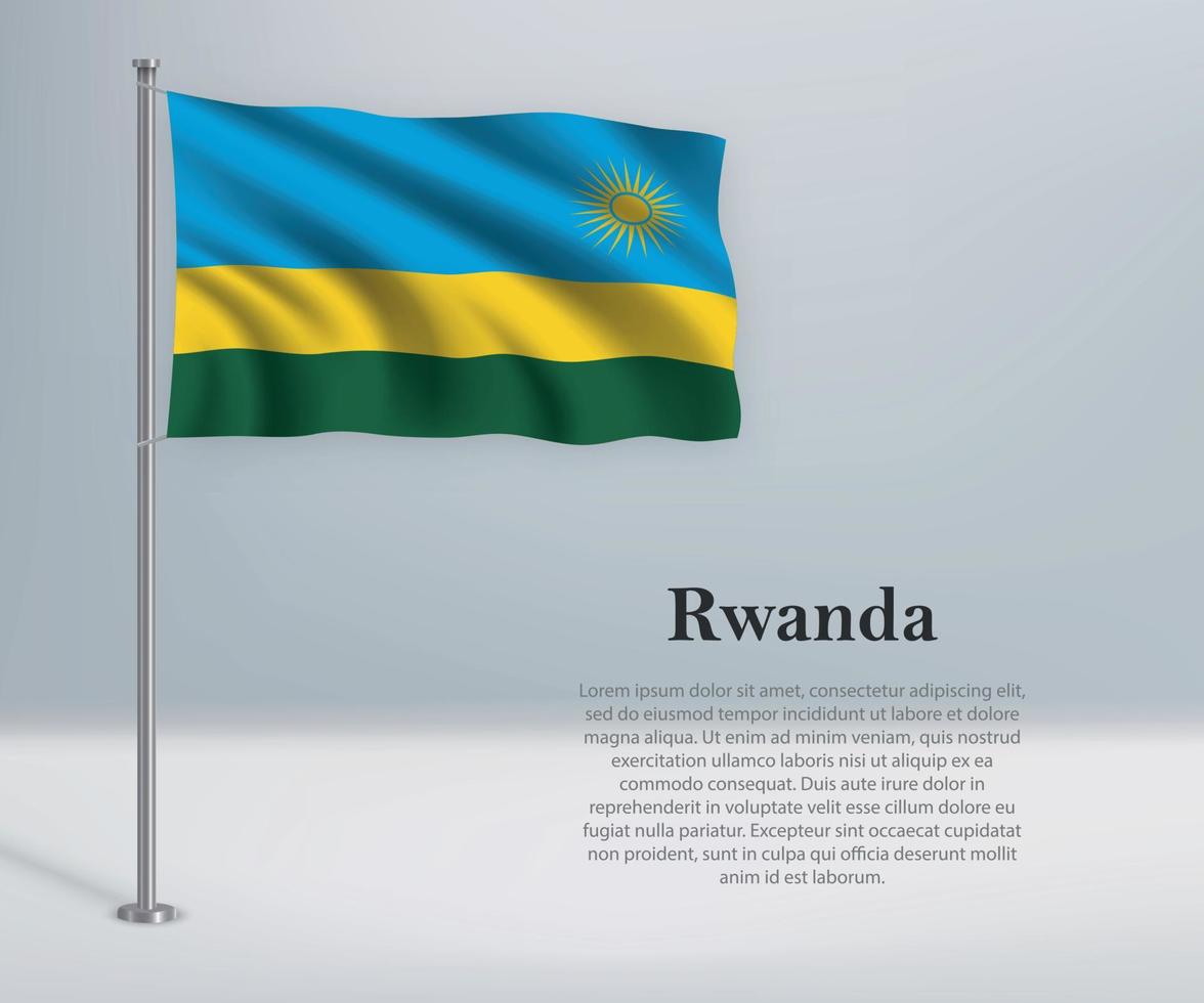 Waving flag of Rwanda on flagpole. Template for independence day vector