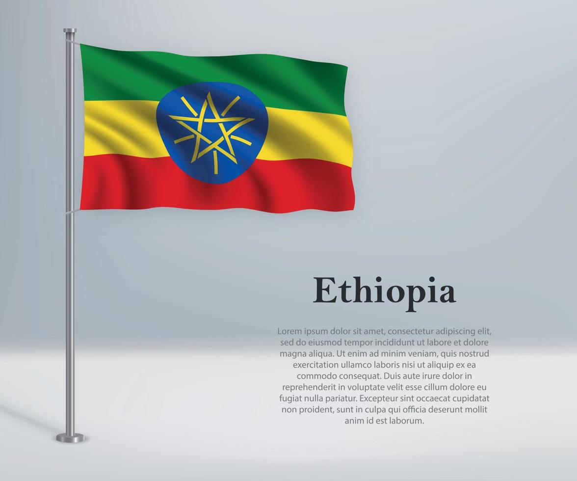 Waving flag of Ethiopia on flagpole. Template for independence d vector