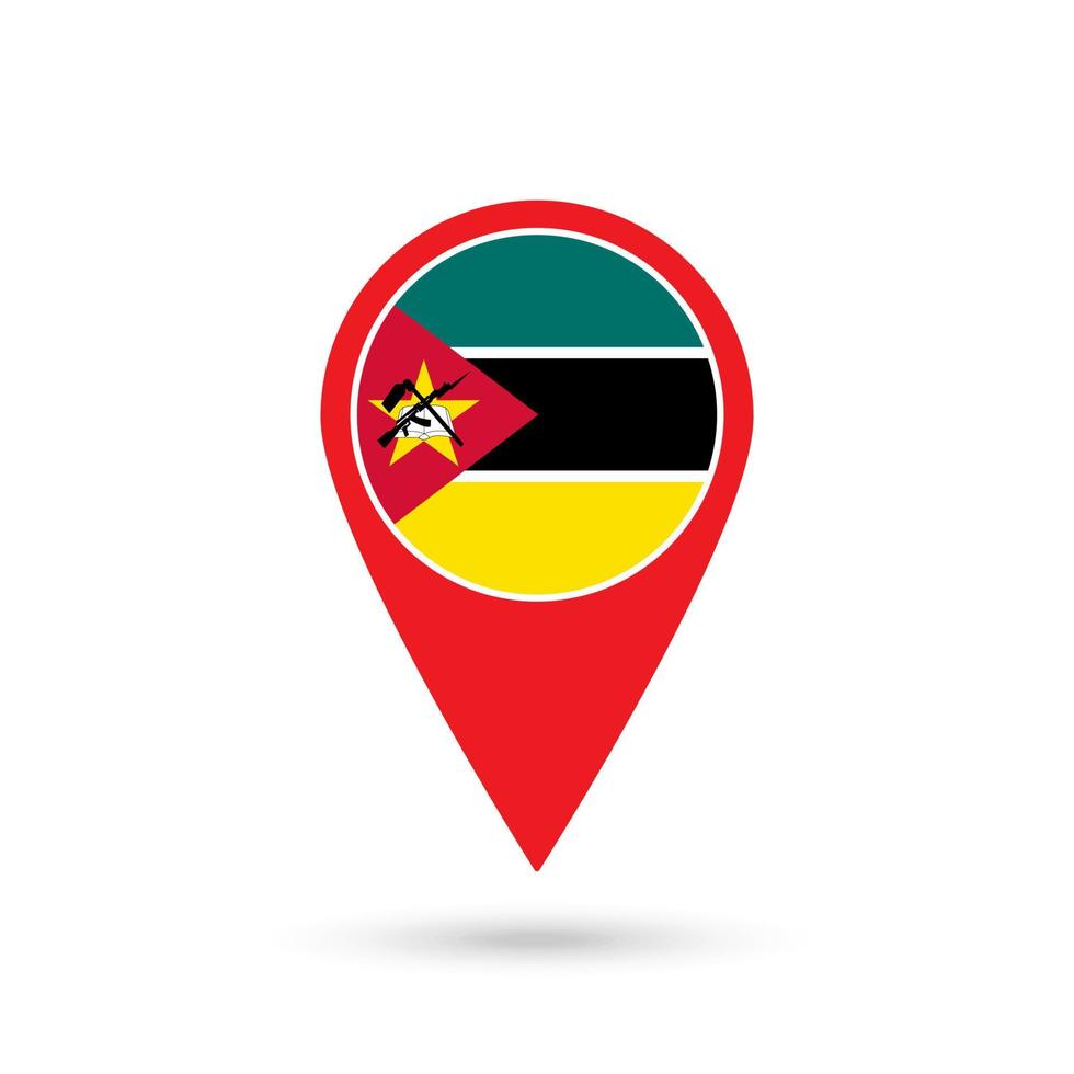 Map pointer with contry Mozambique. Mozambique flag. Vector illustration.