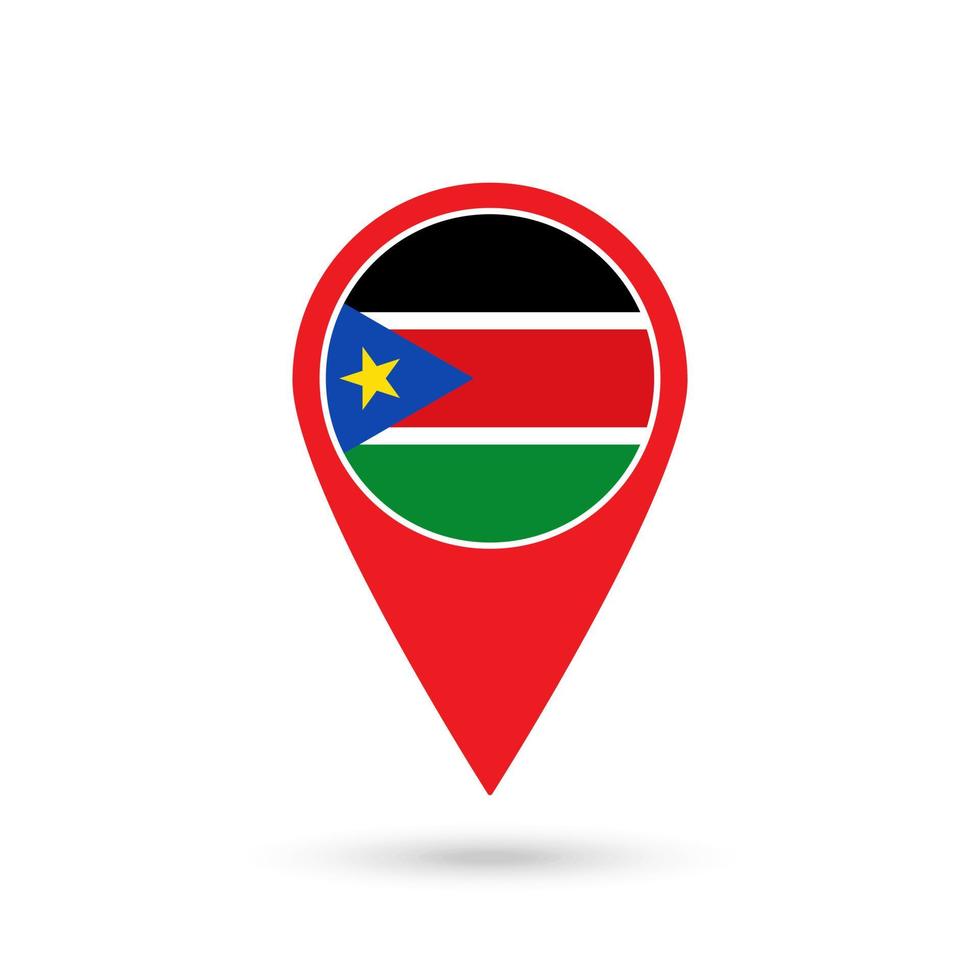 Map pointer with contry South Sudan. South Sudan flag. Vector illustration.