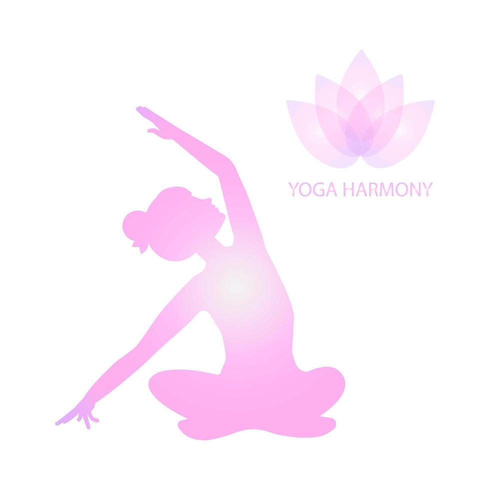 yoga de mujeres. silueta de mujer joven deportiva en posición de loto practicando torsión. flor de loto, inscripción yoga armonía. logo del estudio de yoga para pancartas, páginas web vector