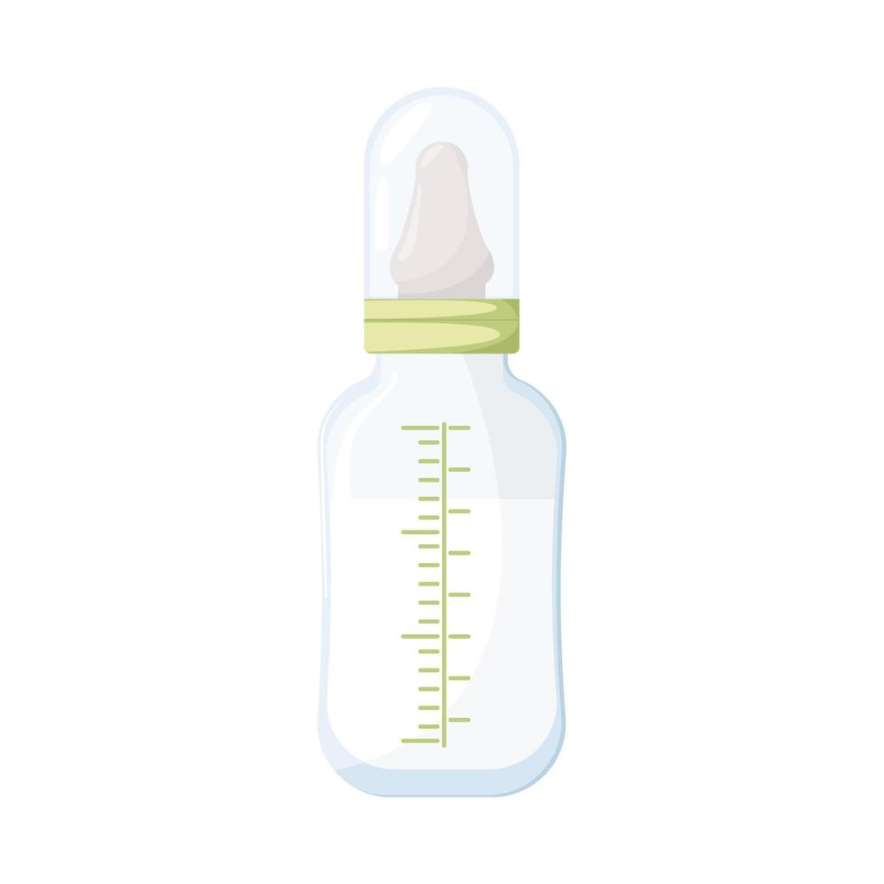 Baby bottle with pacifier, cap and measuring scale. Milk, Nutrition for newborn. Milk mixture for baby. For children's goods store. Childhood. Products for children vector