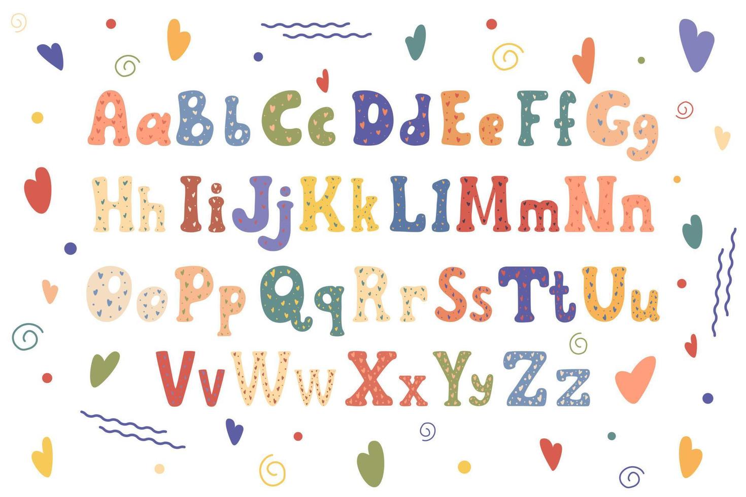 Cute alphabet letters with hearts, colored doodles on white background. Cartoon style. Wrapping paper, decoration, design of nursery vector