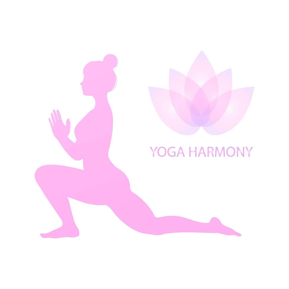 Gentle silhouette of woman practicing yoga asana and namaste, isolated on white background. Lotus flower, Inscription Yoga Harmony. Logo of yoga studio for banners, web pages vector