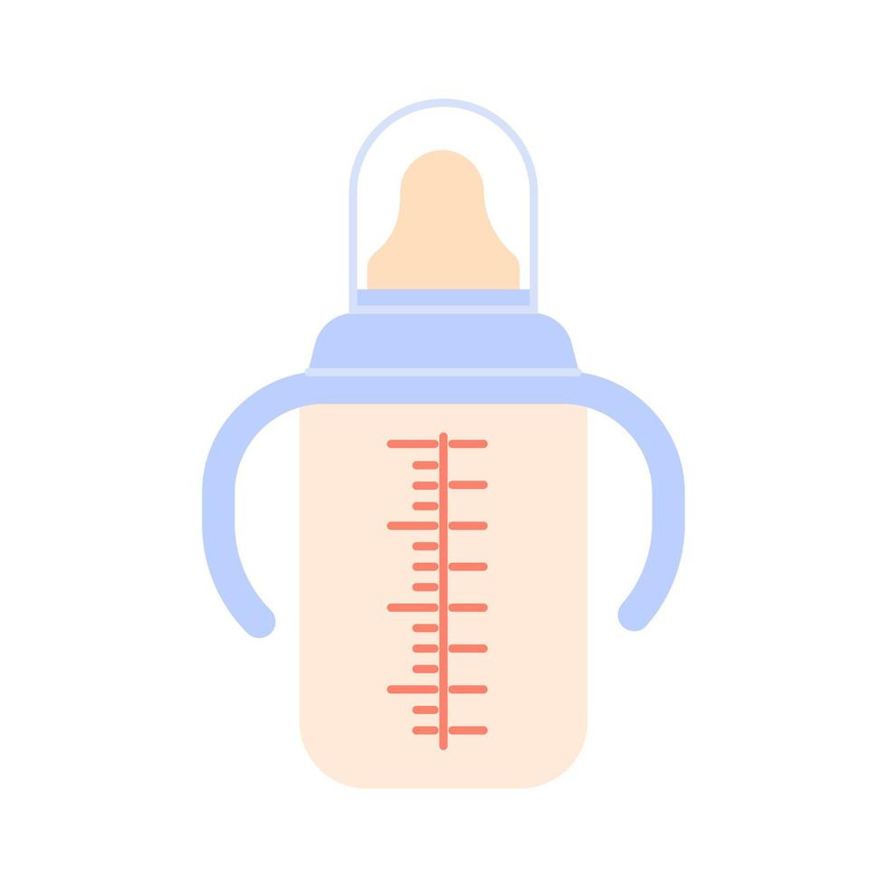 Baby bottle for feeding with pacifier, with handles, cap and measuring scale. Milk, Nutrition for newborn. Milk mixture for baby. For children's goods store. Products for children vector