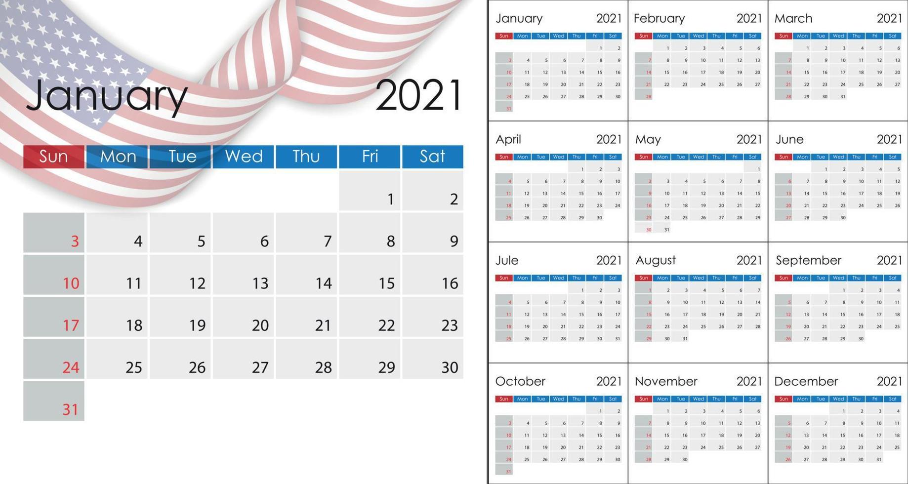 calendario simple 2021 en inglés, la semana comienza el domingo. vector