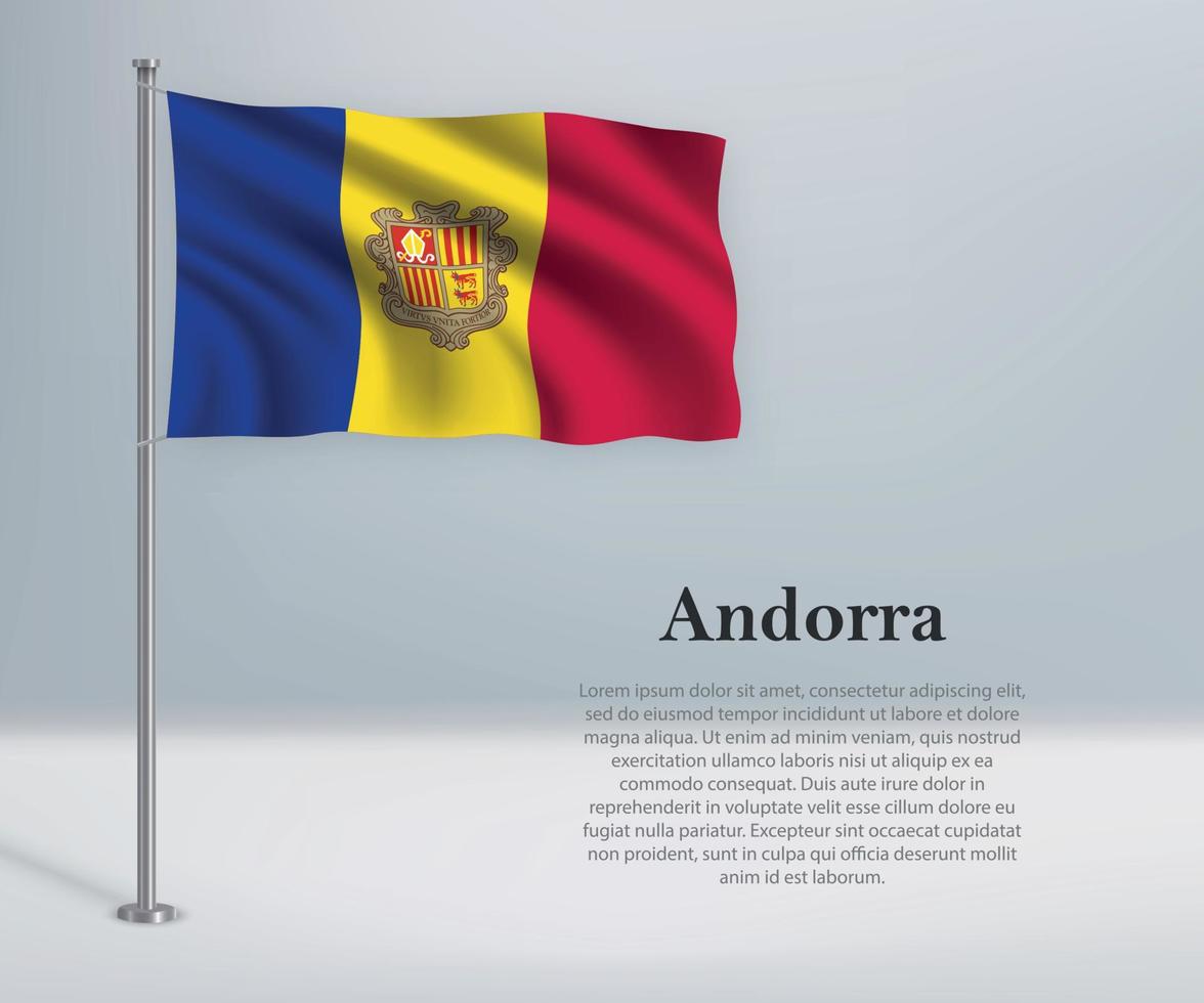 ondeando la bandera de andorra en el asta de la bandera. plantilla para la independencia da vector