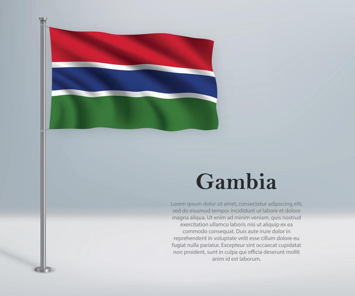 Waving flag of Gambia on flagpole. Template for independence day vector