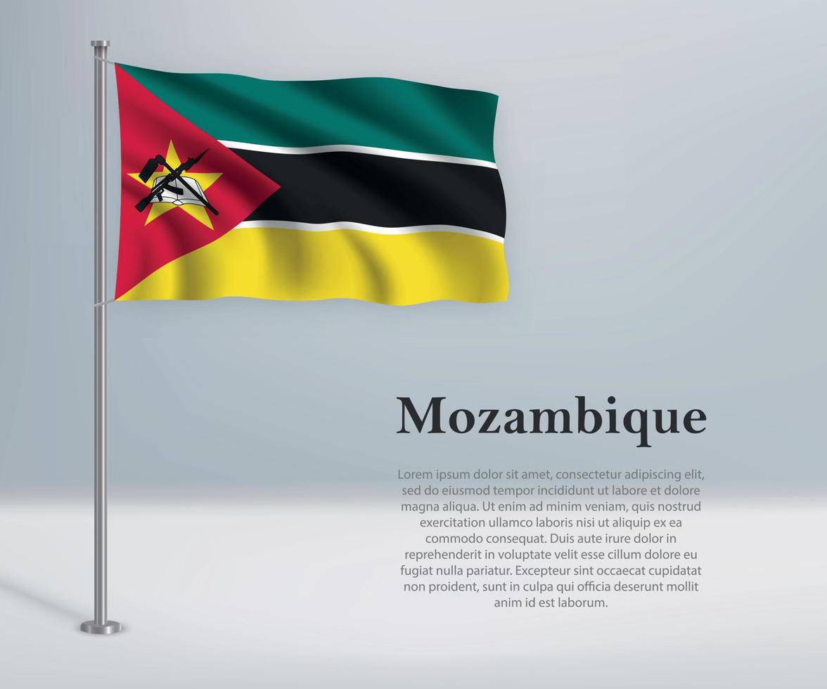 ondeando la bandera de mozambique en el asta de la bandera. plantilla para la independencia vector