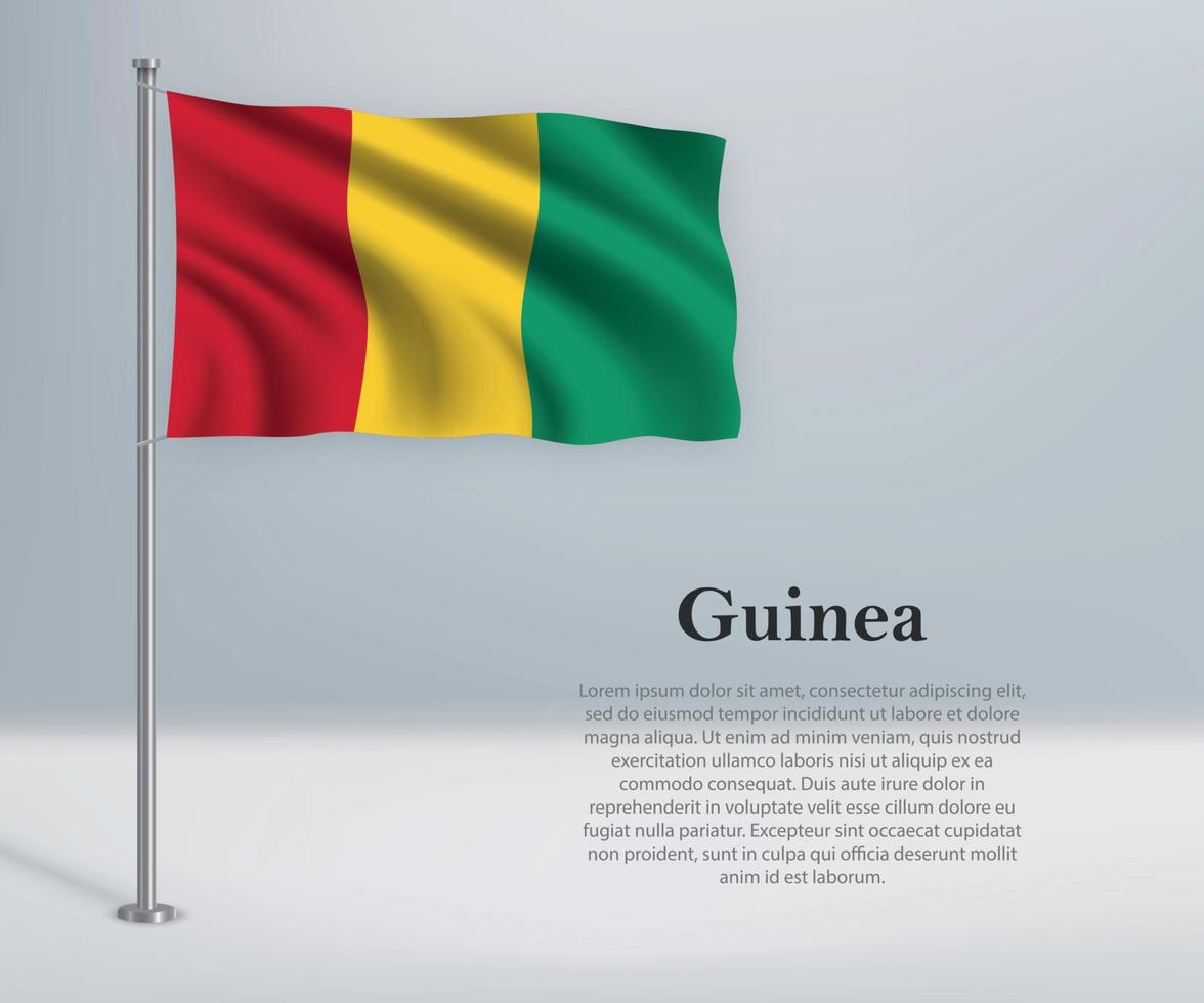 Waving flag of Guinea on flagpole. Template for independence day vector