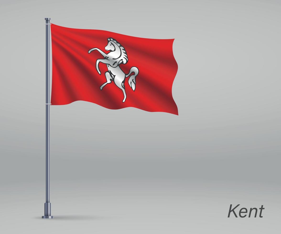 Waving flag of Kent - county of England on flagpole. Template fo vector