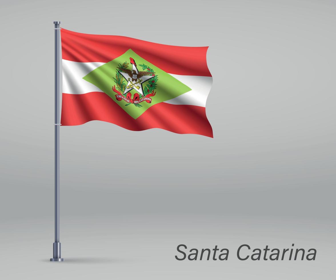 Waving flag of Santa Catarina - state of Brazil on flagpole. Tem vector