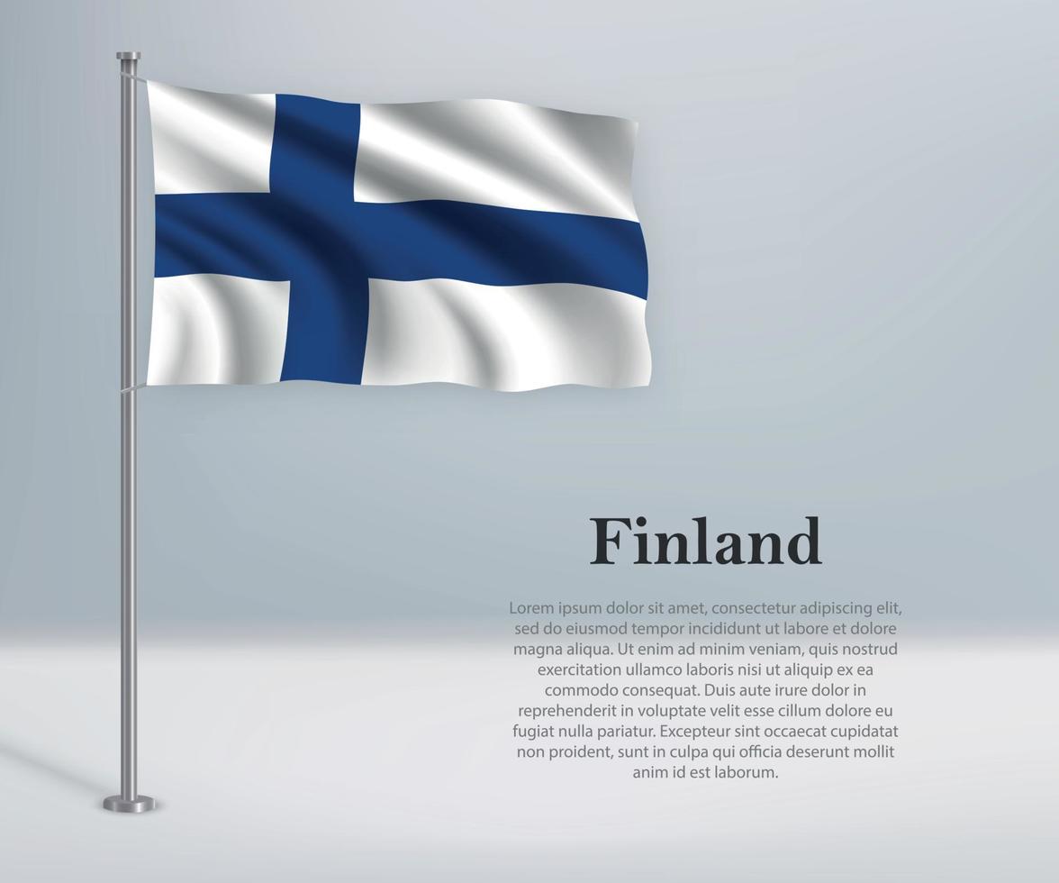 Waving flag of Finland on flagpole. Template for independence da vector