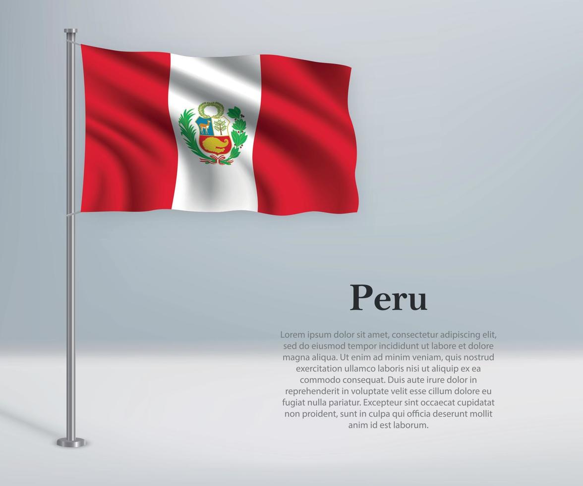 ondeando la bandera de Perú en el asta de la bandera. plantilla para el día de la independencia p vector