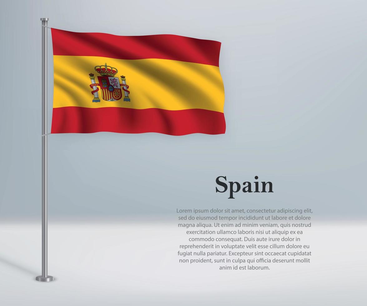 Waving flag of Spain on flagpole. Template for independence day vector