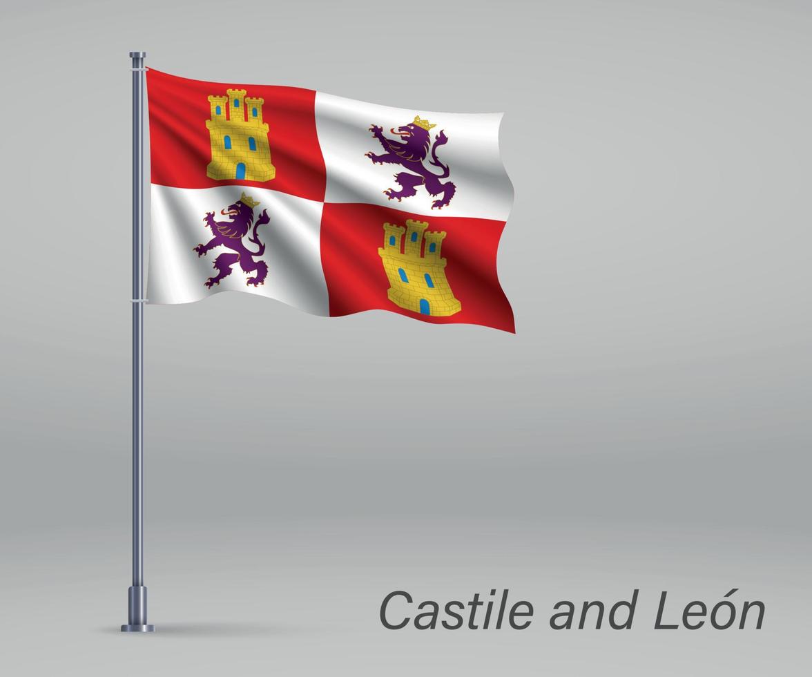 Waving flag of Castile and Leon - region of Spain on flagpole. T vector