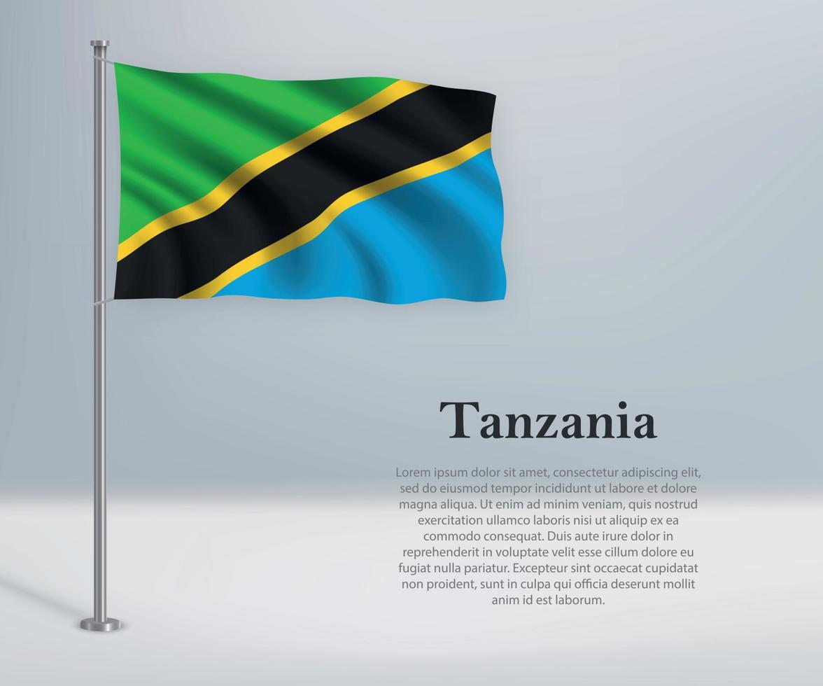 Waving flag of Tanzania on flagpole. Template for independence d vector