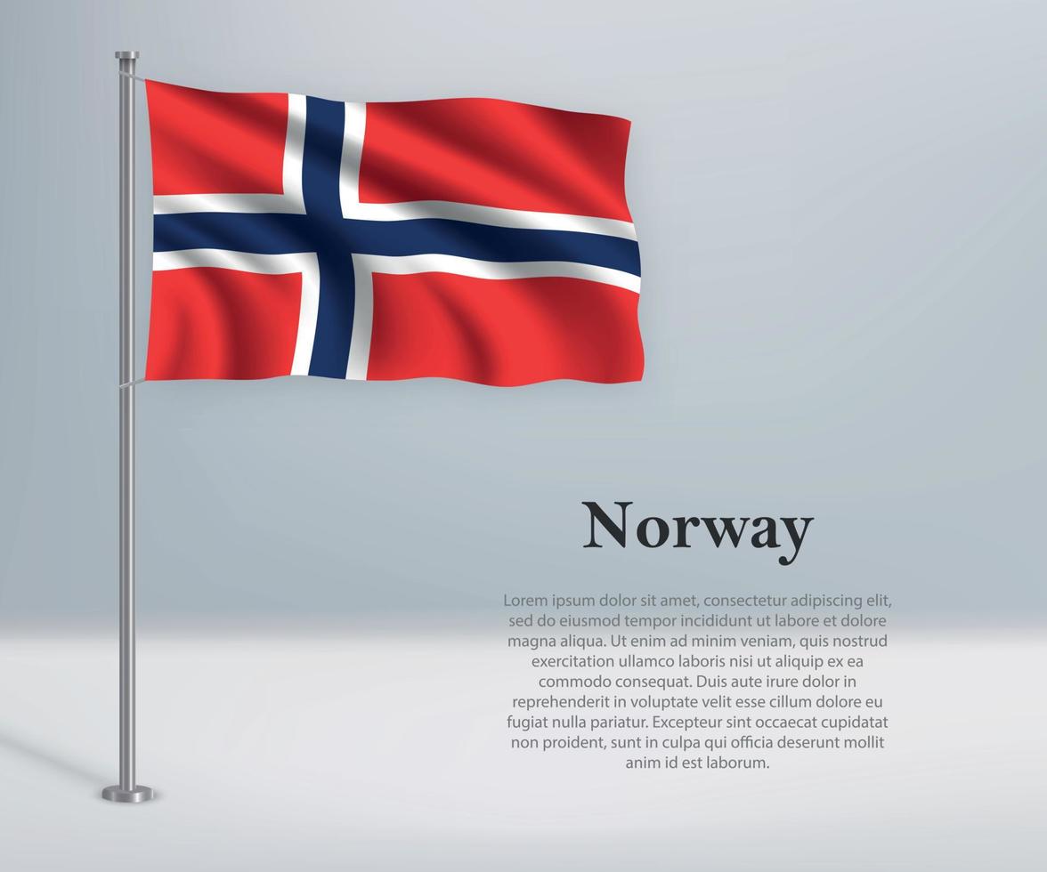 Waving flag of Norway on flagpole. Template for independence day vector