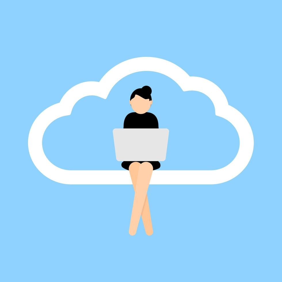 Icon of remote work communication global cloud access. Woman worker distant teamwork. Vector illustration