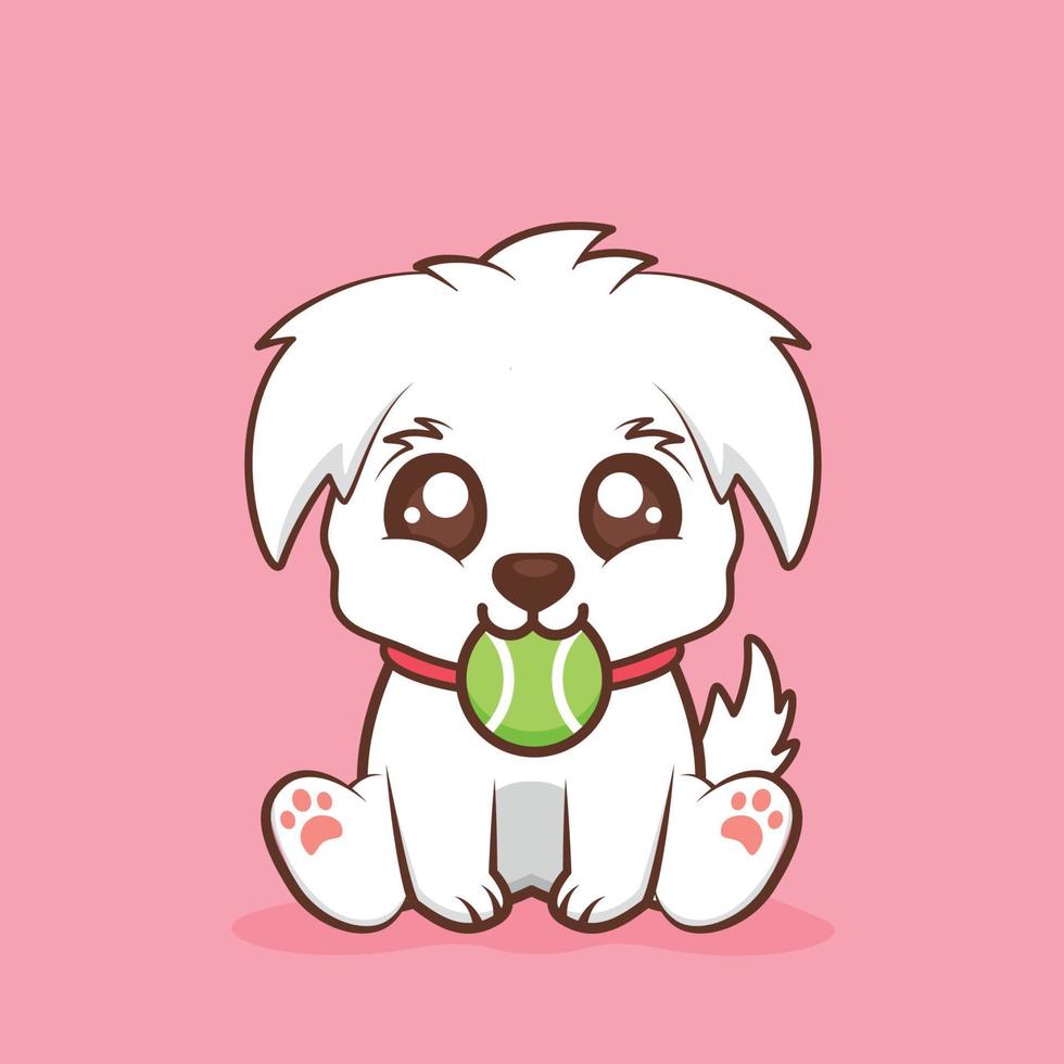 cute white happy puppy biting ball vector