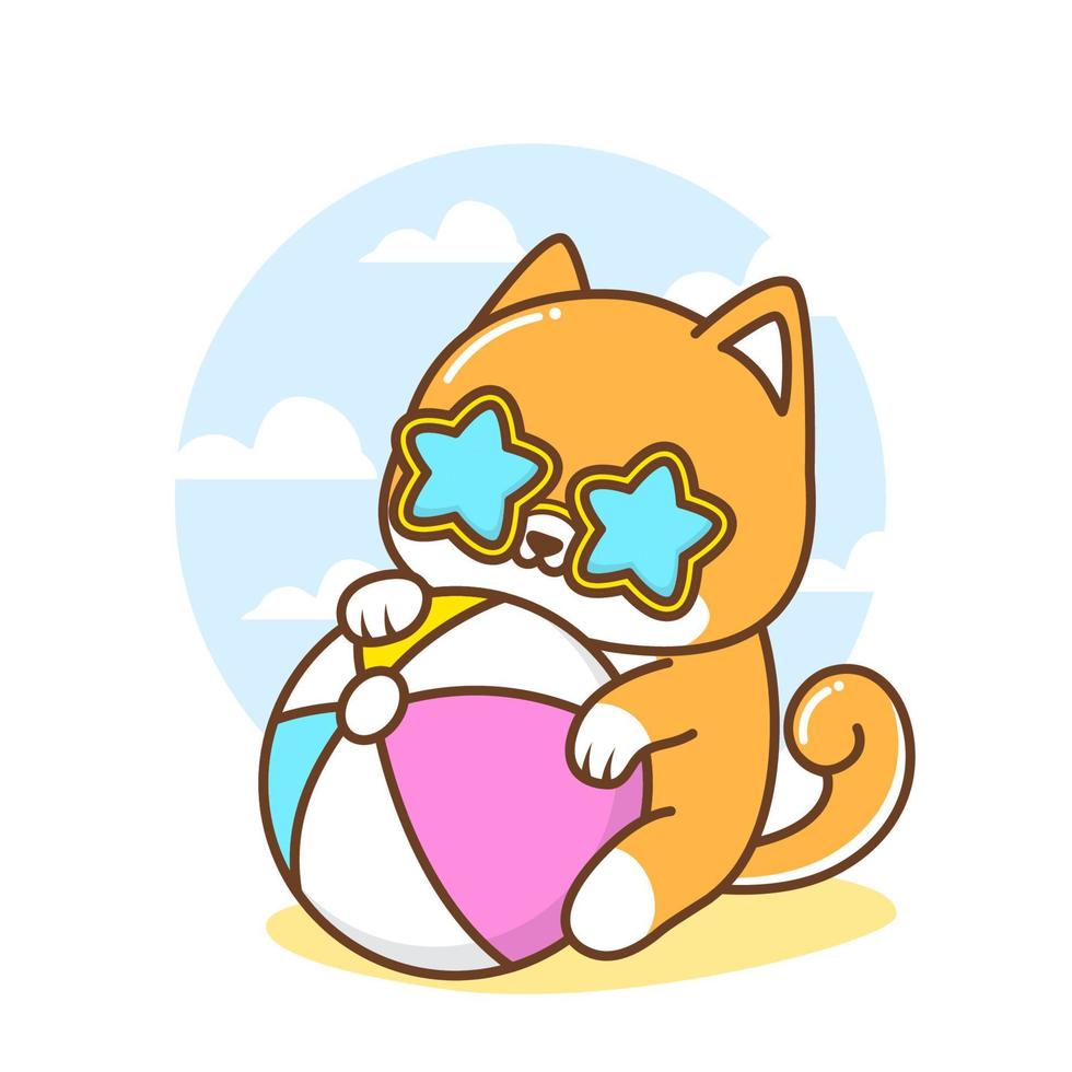 cute puppy with ball in the beach vector