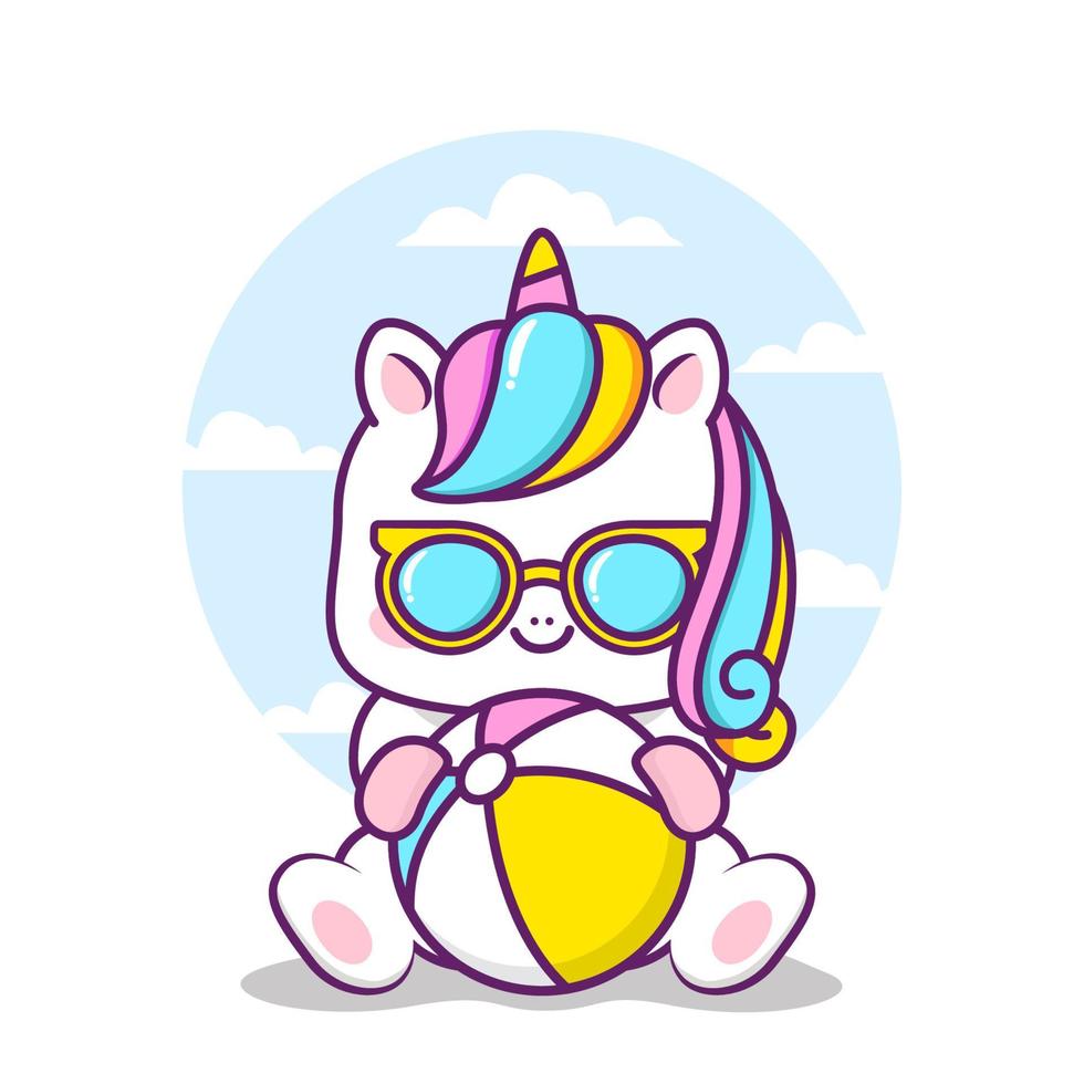 lindo unicornio de verano con pelota vector