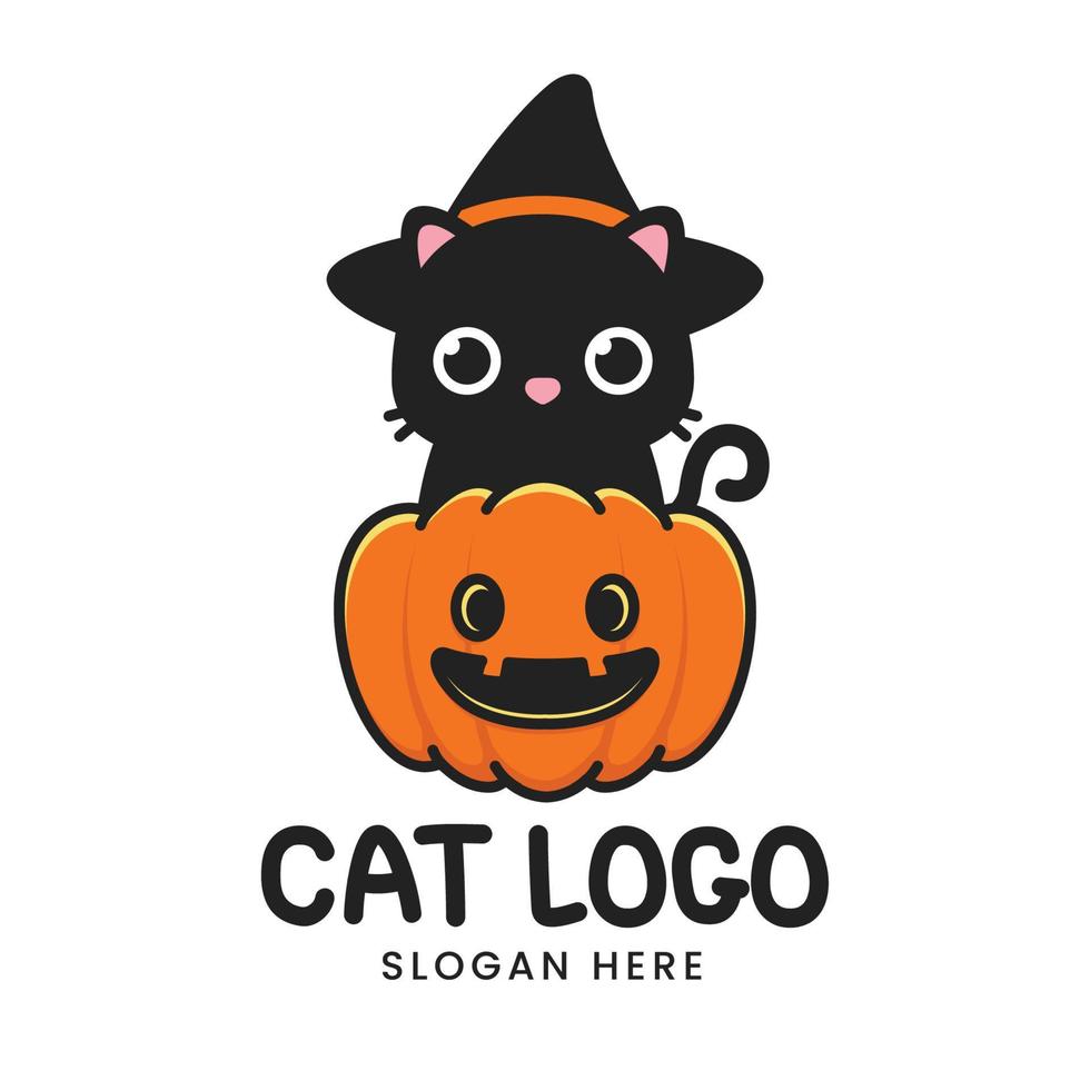 lindo gato de halloween en logo de calabaza vector