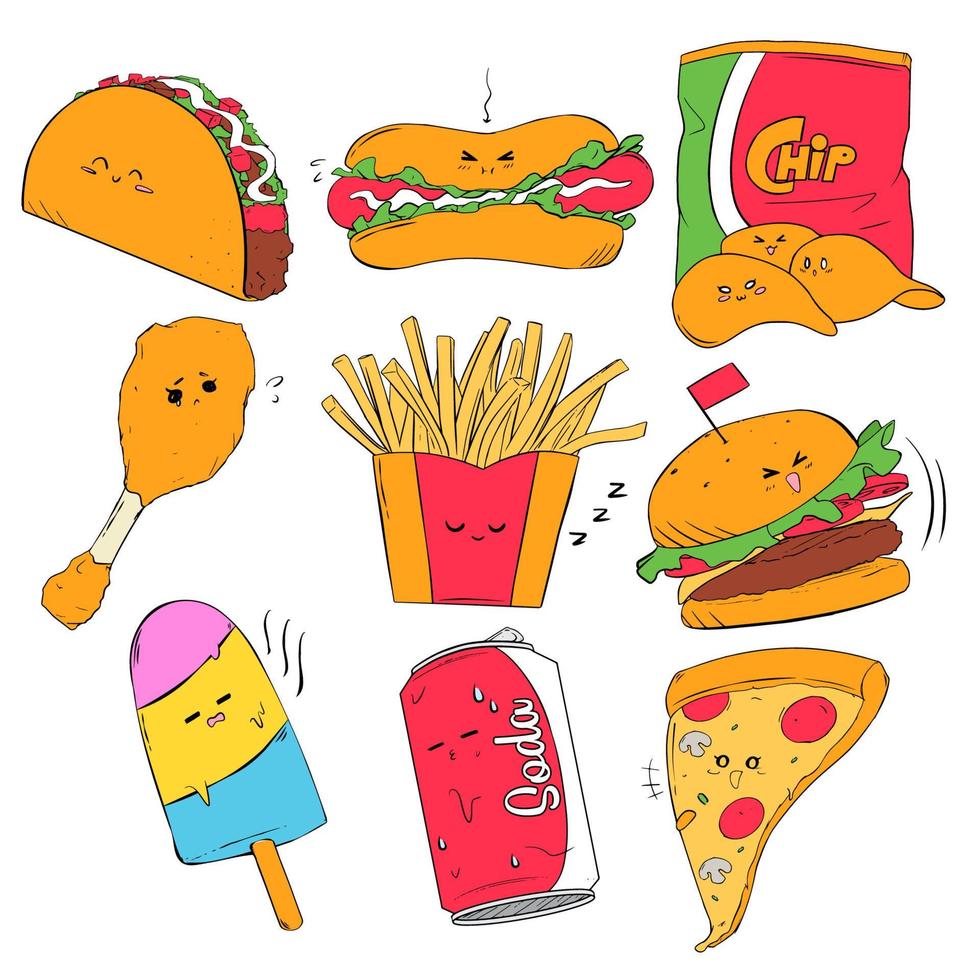 icono de comida chatarra colorido dibujado a mano vector