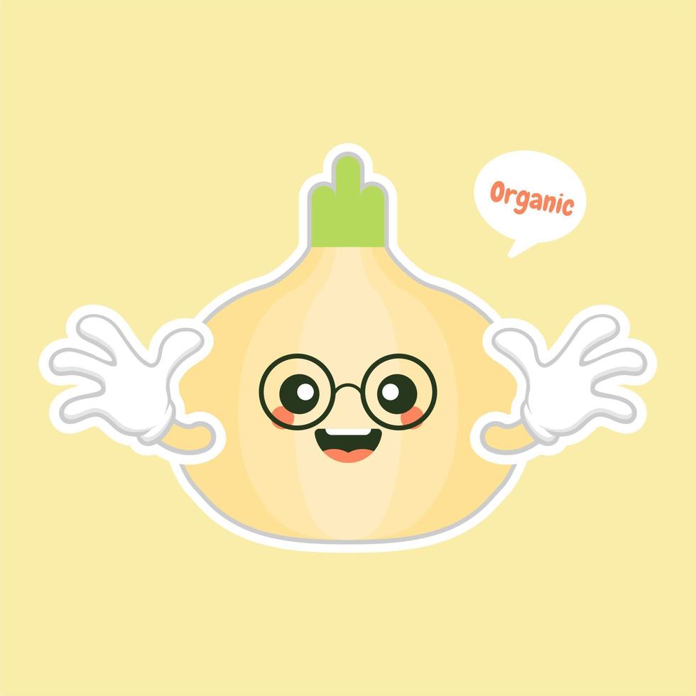 Onion. Cute vegetable vector character set isolated on color background. Funny and healthy food. Vitamins contained in onion. Food with cute face. Vector cartoon.