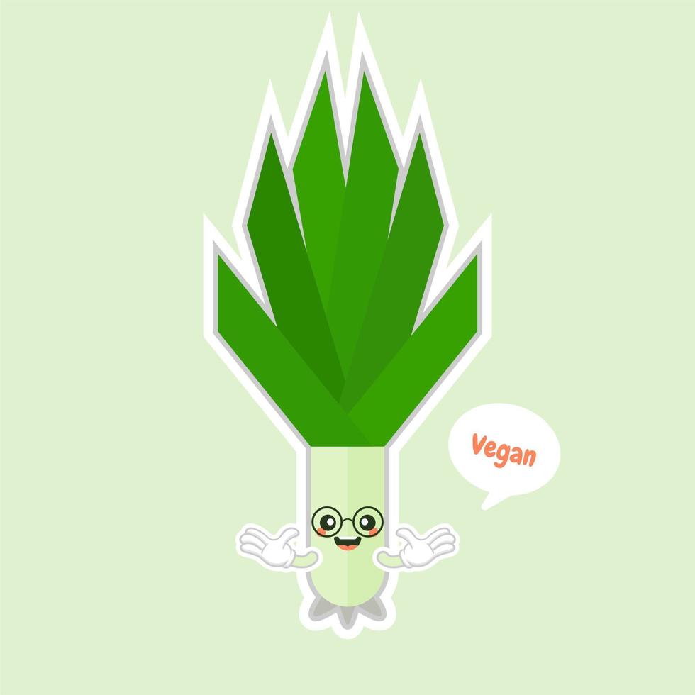 lindo personaje de dibujos animados de cebollín. Ilustración de dibujos animados de vegetales de puerro sonriente kawaii vector