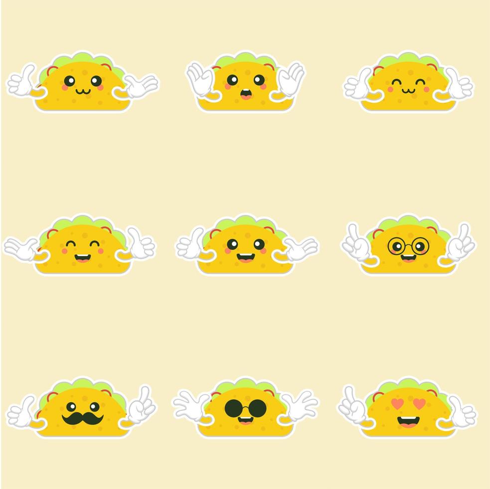 lindos y kawaii deliciosos tacos con ternera o pollo, salsa de carne, ensalada verde y tomate rojo. taco para el diseño de eventos de restaurante o cafetería. comida mexicana vector