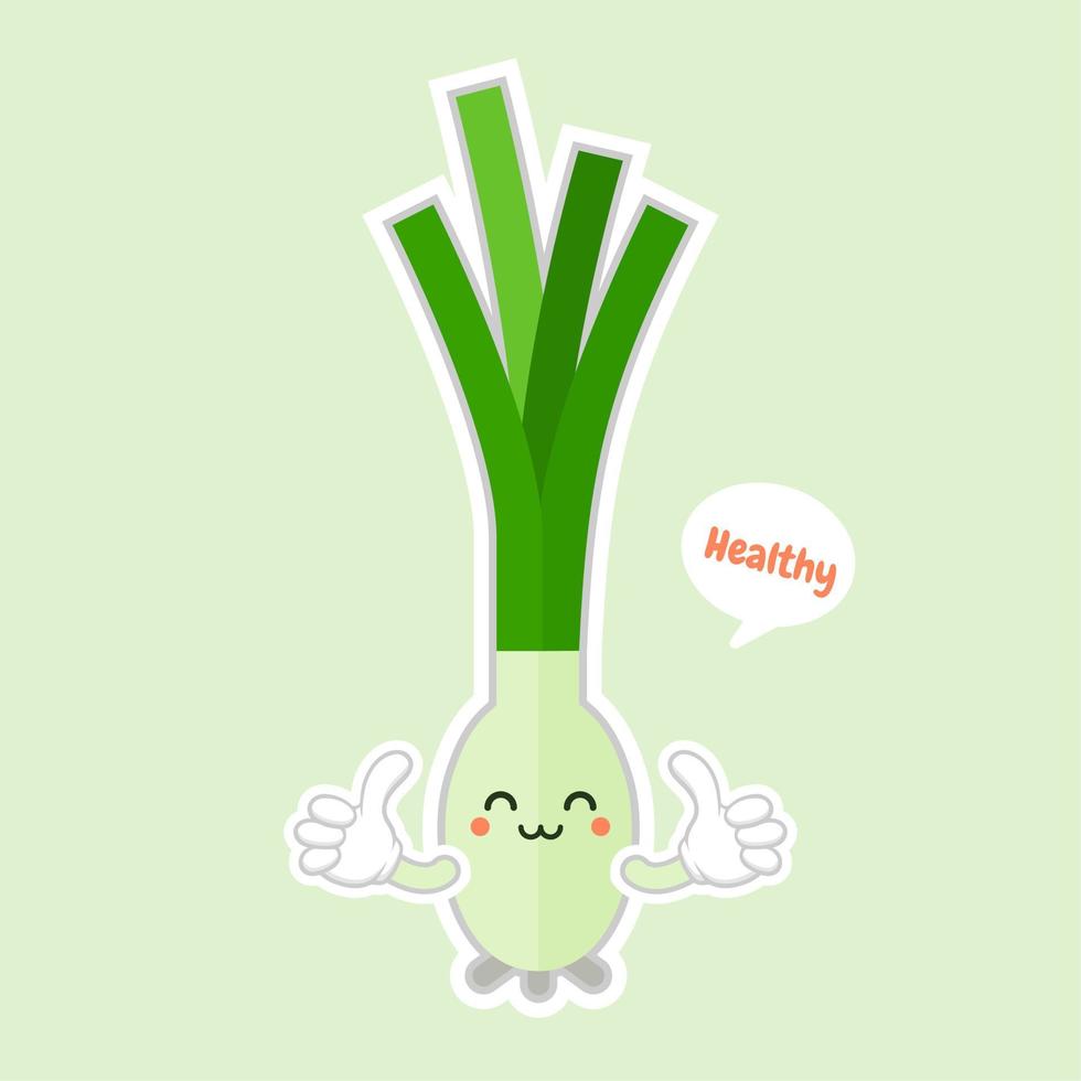 Cartoon spring onion with face. Funny illustration of a happy vegetable. Vector scallions character and hand lettering. Childish style design, positive poster, shirt, card, wall print