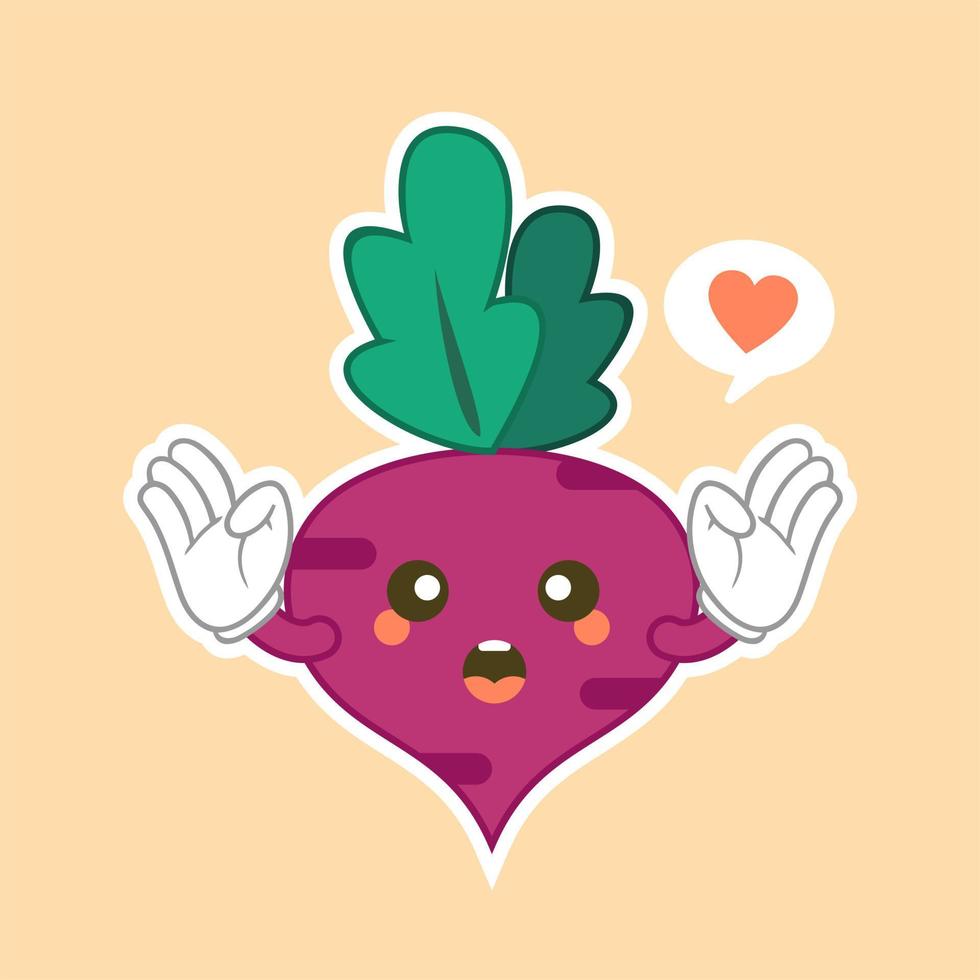 Beetroot character flat design. Isolated cartoon purple beetroot with kawaii face on color background. Colorful friendly purple beet vegetable. Cute design For vegetarian, vegan product. vector