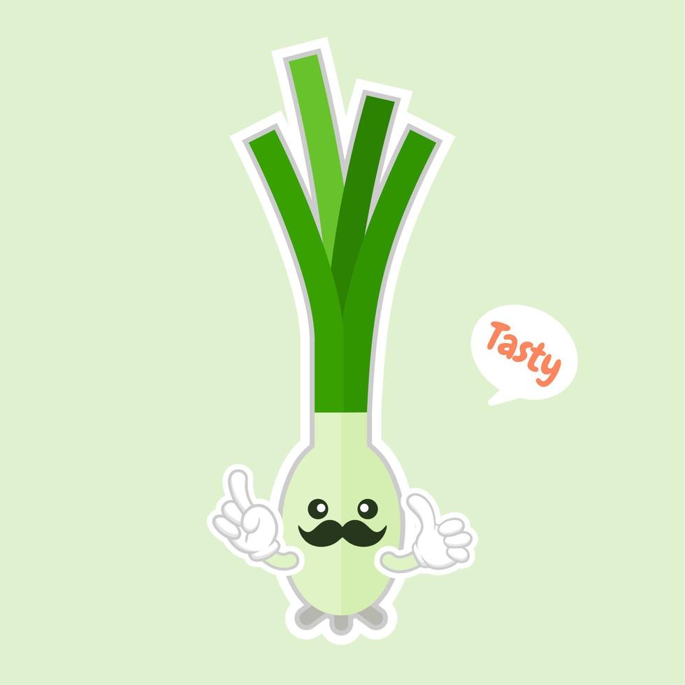 kawaii smiling leek vegetable cartoon illustration. Spring onions on color background. smiling leek vegetable cartoon illustration vector