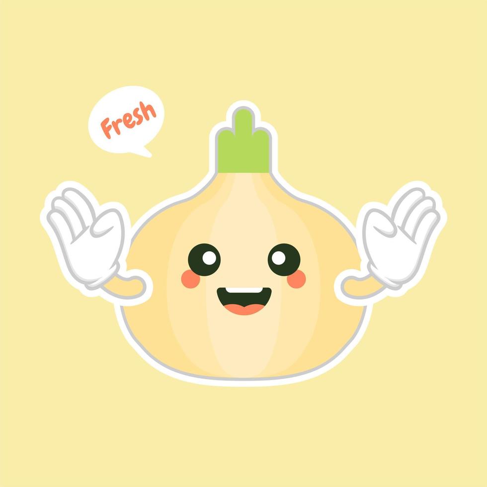 Onion. Cute vegetable vector character set isolated on color background. Funny and healthy food. Vitamins contained in onion. Food with cute face. Vector cartoon.