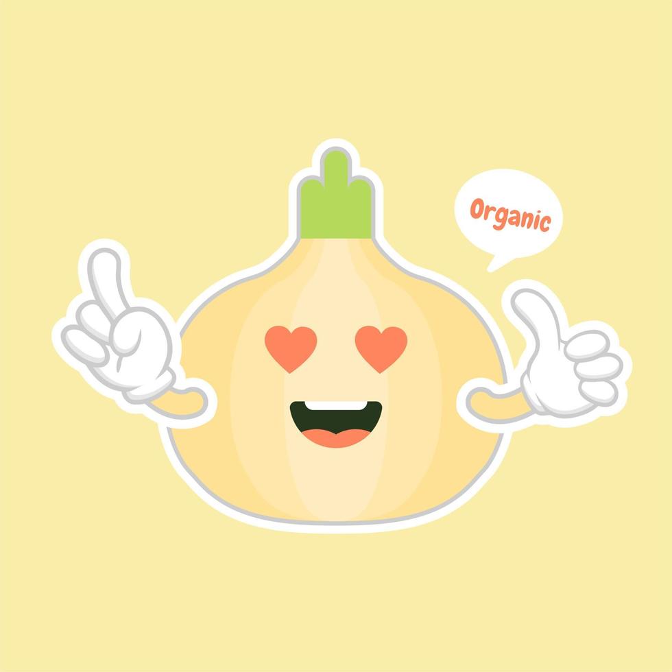 Onion. Cute vegetable vector character set isolated on color background. Funny and healthy food. Vitamins contained in onion. Food with cute face. Vector cartoon.