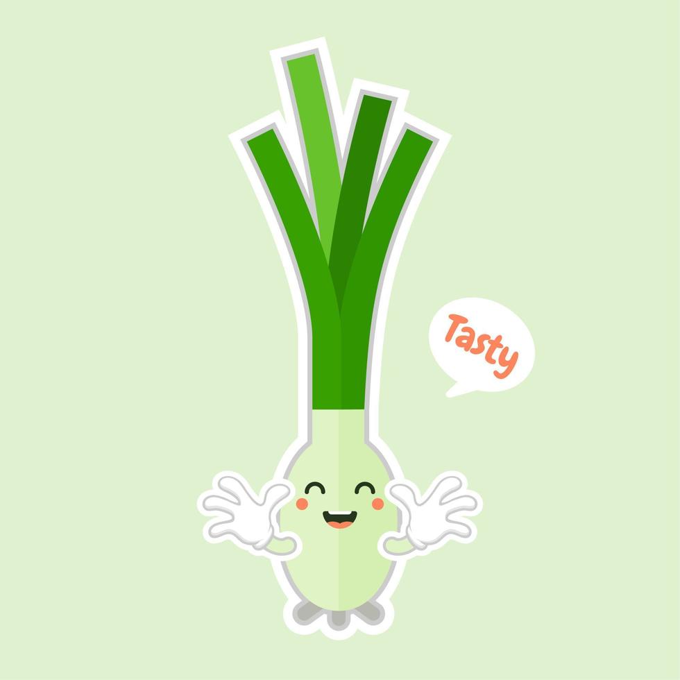 kawaii smiling leek vegetable cartoon illustration. Spring onions on color background. smiling leek vegetable cartoon illustration vector