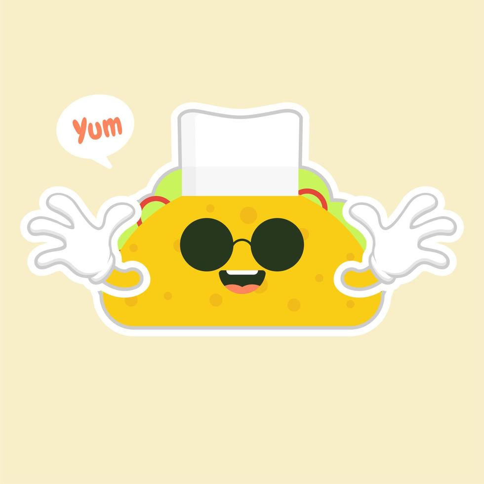taco with chef hat character. cute and kawaii delicious tacos with beef or chicken, meat sauce, green salad and red tomato. Taco for restaurant or cafe event design. mexican food vector