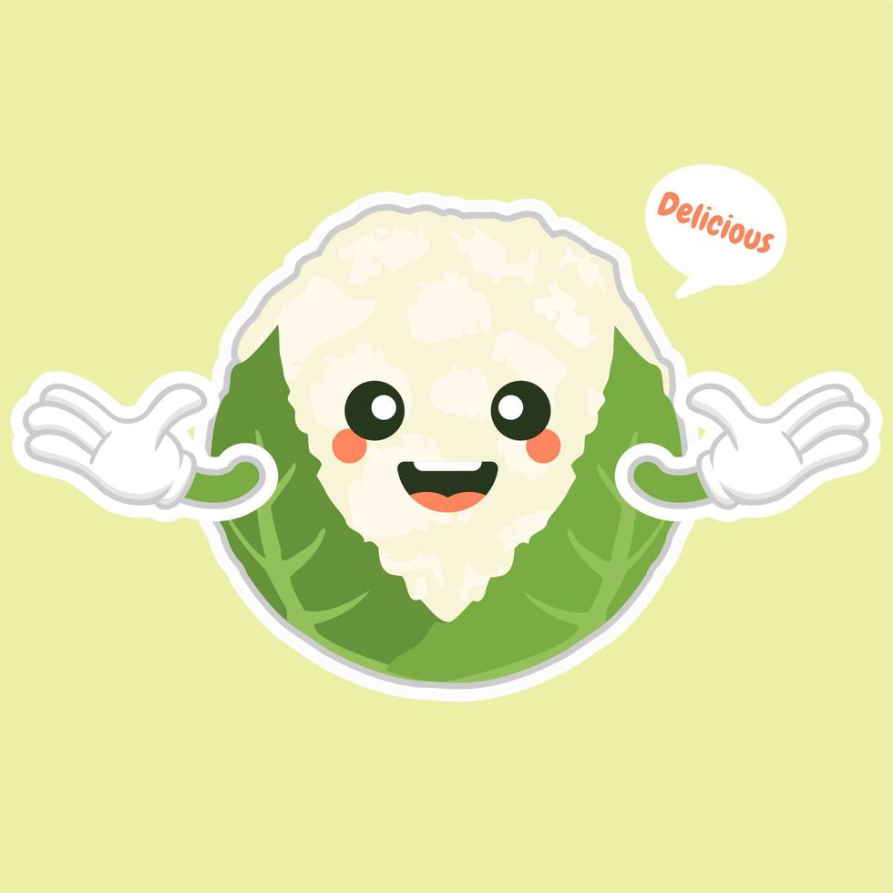 coliflor linda y kawaii. comida divertida y saludable. vitaminas contenidas en la coliflor. comida con cara linda. dibujos animados de vectores comida sana, icono de vector de verduras, concepto vegano vegetariano