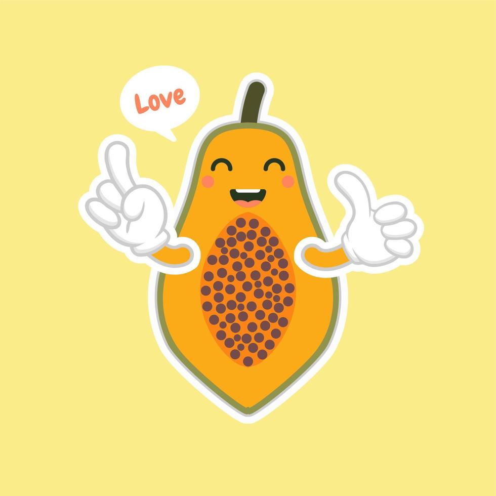 Personajes de papaya de estilo de dibujos animados lindos y kawaii para alimentos saludables, diseño vegano y de cocina. fruta tópica papaya, vitaminas y nutrición, alimentos saludables e ingredientes para bebidas de jugo vector