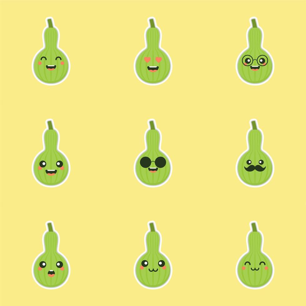 Calabash or Lagenaria siceraria , also known as bottle gourd cartoon character flat design illustration. cute and kawaii calabash gourds plant design. Pear-shaped bottle gourd vector