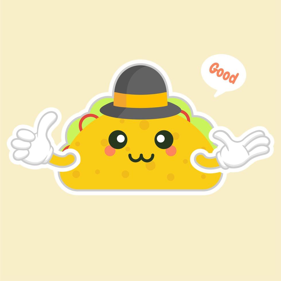 taco with hat character. cute and kawaii delicious tacos with beef or chicken, meat sauce, green salad and red tomato. Taco for restaurant or cafe event design. mexican food vector