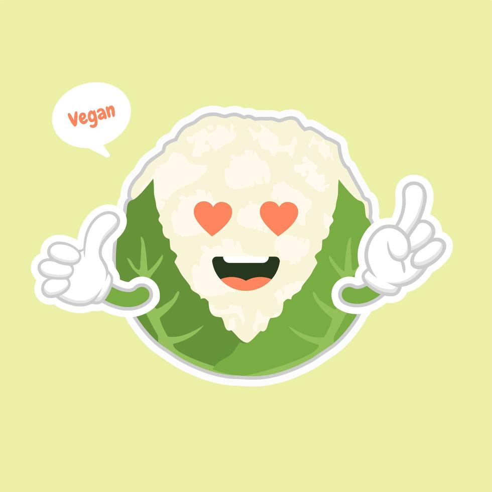 coliflor linda y kawaii. comida divertida y saludable. vitaminas contenidas en la coliflor. comida con cara linda. dibujos animados de vectores comida sana, icono de vector de verduras, concepto vegano vegetariano