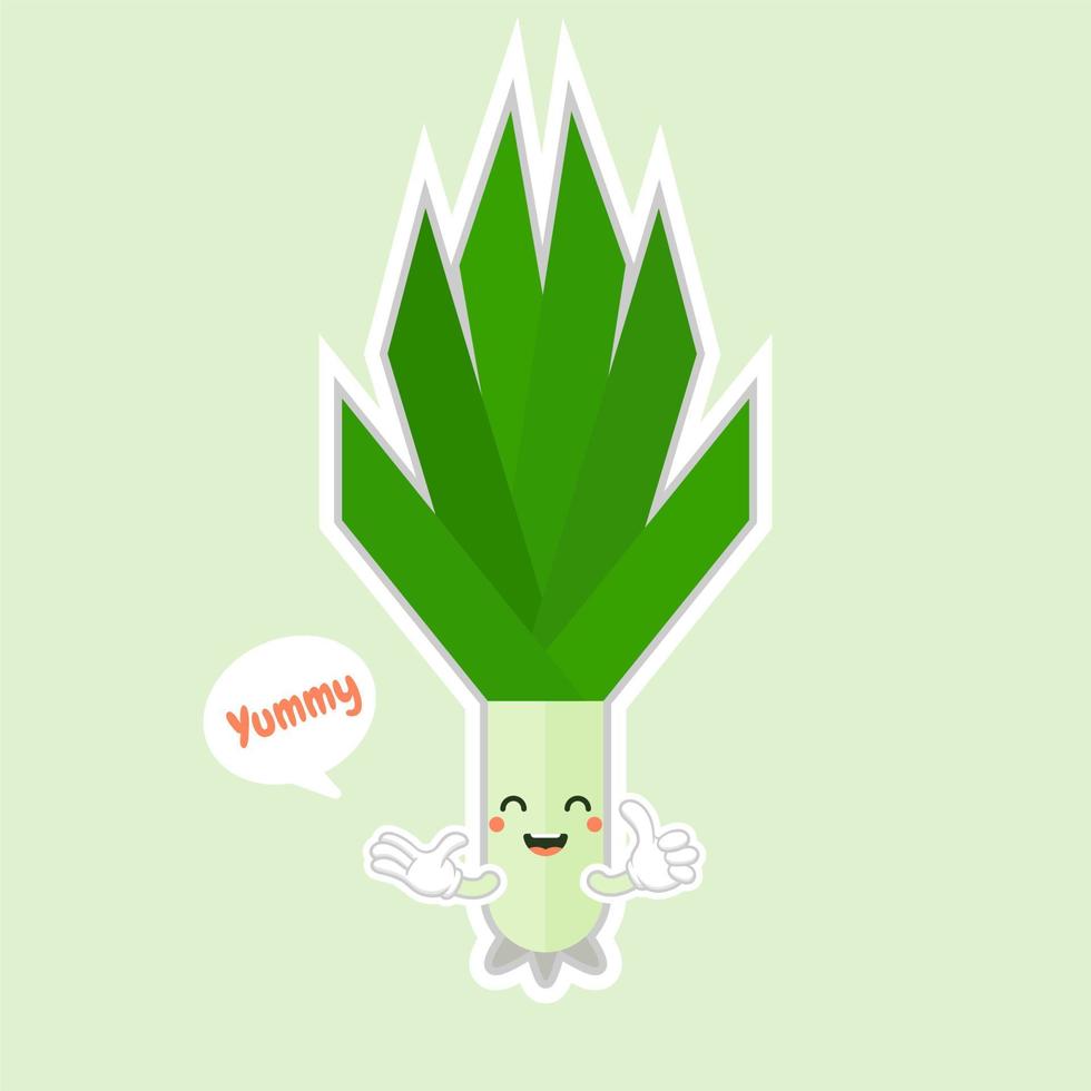 cebolleta de dibujos animados con cara. divertida ilustración de un vegetal feliz. carácter de cebolletas vectoriales y letras a mano. diseño de estilo infantil, cartel positivo, camisa, tarjeta, impresión de pared vector