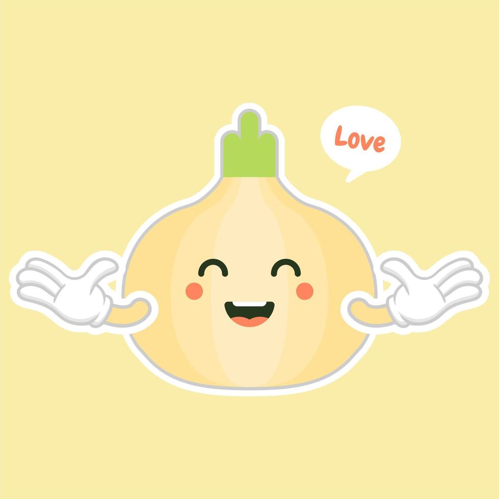 Onion. Cute vegetable vector character set isolated on color background. Funny and healthy food. Vitamins contained in onion. Food with cute face. Vector cartoon.