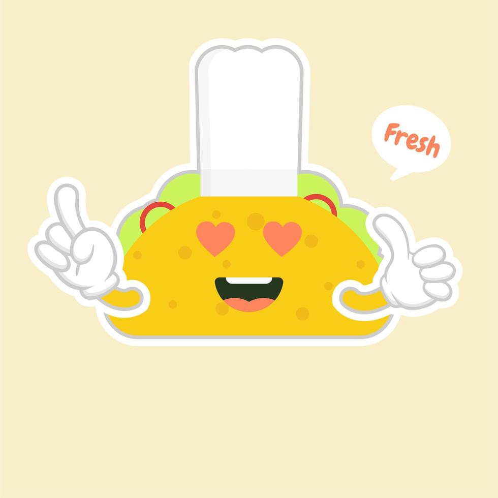 taco with chef hat character. cute and kawaii delicious tacos with beef or chicken, meat sauce, green salad and red tomato. Taco for restaurant or cafe event design. mexican food vector